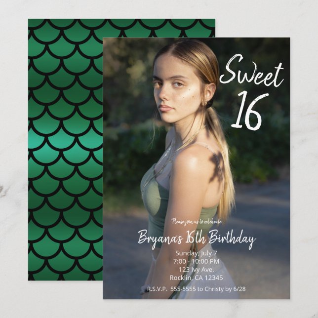 Invitation Fée Verte Moderne Photo Douce Fête de 16 Ans (Devant / Derrière)