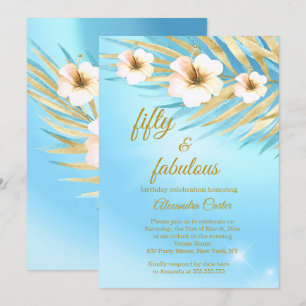 Invitation Féerique 50 Bleu Turquoise Or Blanc Fleurs Anniver