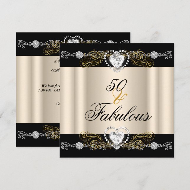 Invitation Féerique 50 Crème Noir Argent Or 50e Anniversaire (Devant / Derrière)