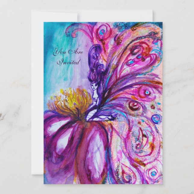 INVITATION FÉERIQUE PETITE FÉE FLEUR EN ROSE, PAILLETTES D'OR (Devant)