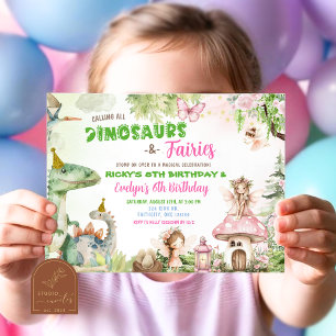 Invitation Fées et Dinosaures Joyeux anniversaire garçon et f