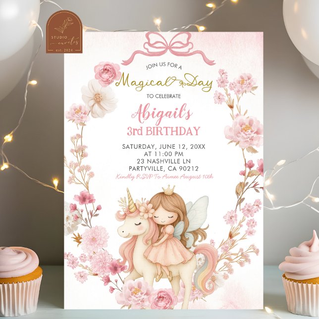 Invitation Fées et Licornes Coquettes avec Ruban Rose Anniver (Créateur téléchargé)