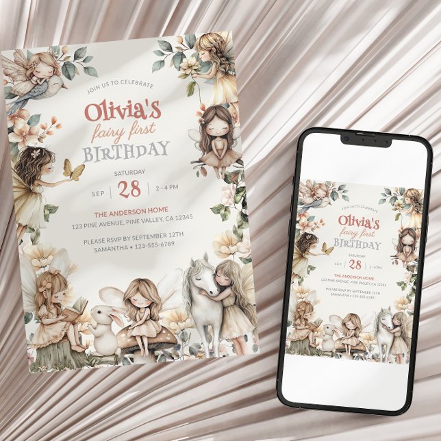 Invitation Fées Premier Anniversaire Aquarelle Fées (Créateur téléchargé)