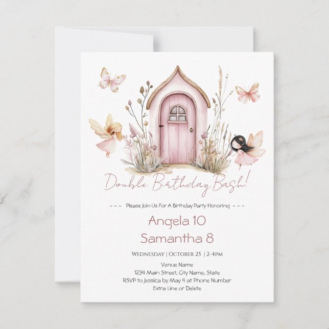 Invitation Fées roses Double Anniversaire Enfants Bassin (Devant)