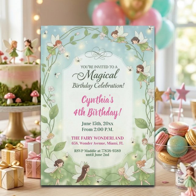 Invitation Fées vertes forêt lucioles 4ème anniversaire (Créateur téléchargé)