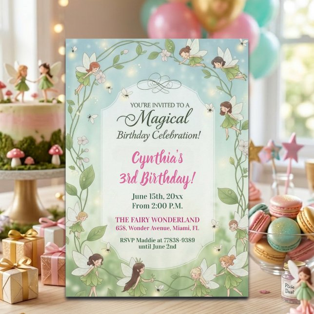 Invitation Fées Vertes Forêt Lucioles Fête d'anniversaire 3 a (Créateur téléchargé)
