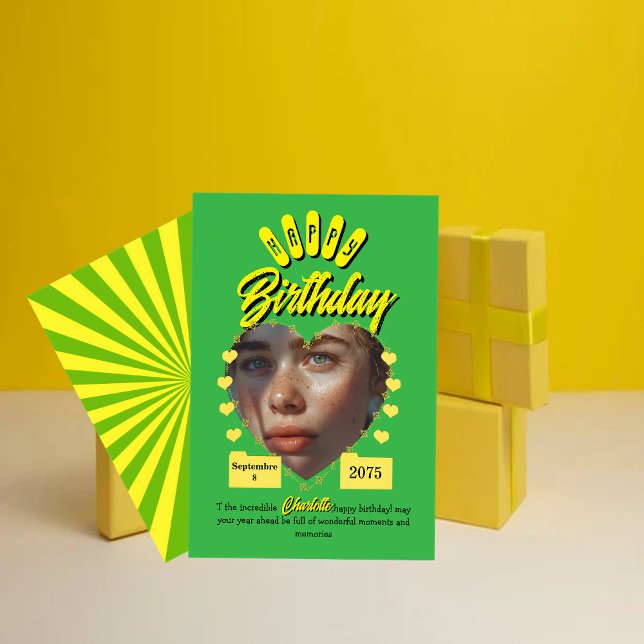 Invitation Félicitations d'anniversaire rétro vert et jaune,  (Créateur téléchargé)