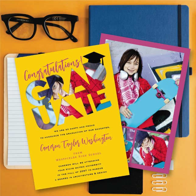 Invitation Félicitations Diplômé Photo avec Découpe Jaune Gra (Congratulations! Graduate Yellow Cutout Modern Photo Graduation Announcement Card @ fatfatin)