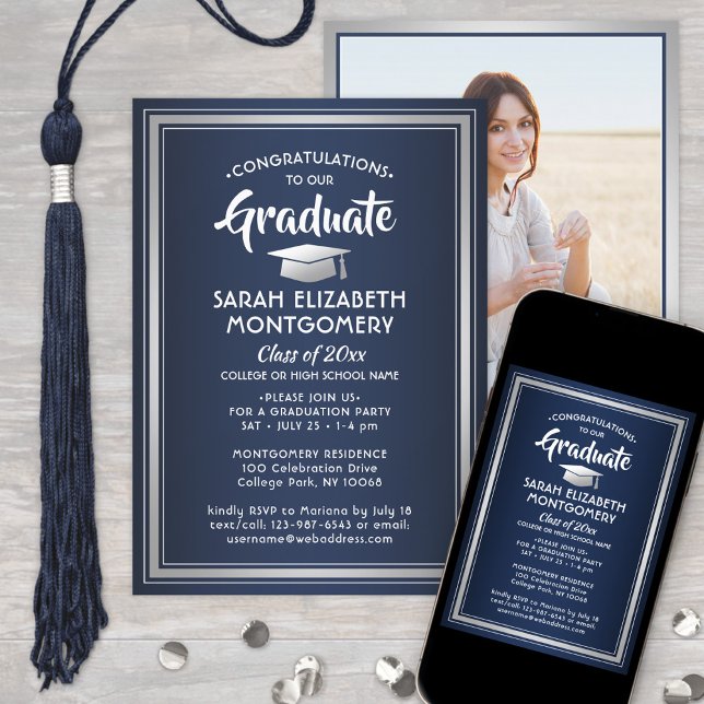 Invitation Félicitations Elegant Navy Blue Graduation Photo (Créateur téléchargé)