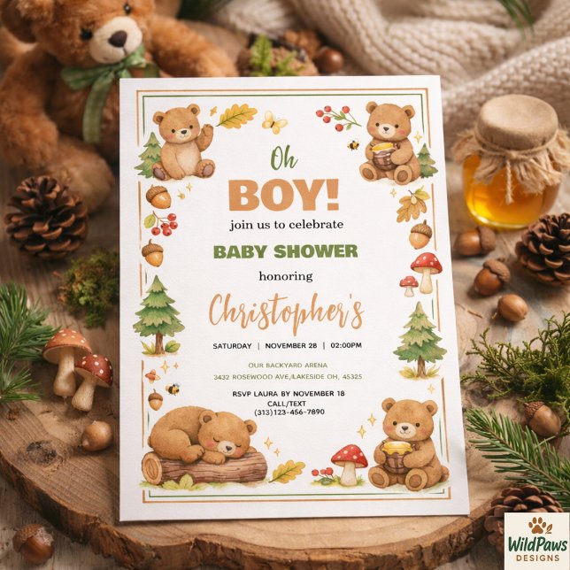 Invitation Félicitations Garçon Aquarelle Ourson Maman Shower (Oh Boy Watercolor Woodland Bear Baby Shower Invitation
)