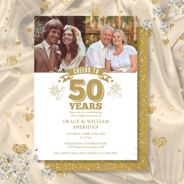 Invitation Félicitations pour le 50e anniversaire de mariage  (Cheers To 50th Wedding Anniversary 2 Photo Invitation)
