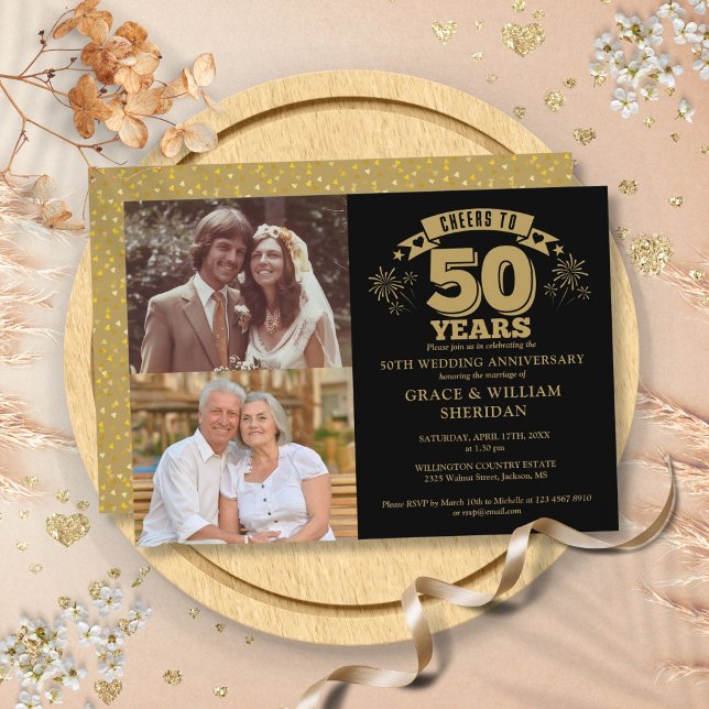 Invitation Félicitations pour le 50e anniversaire de mariage  (Cheers To 50th Wedding Anniversary 2 Photo Invitation)