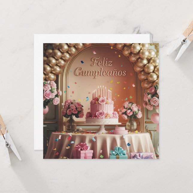 Invitation “Feliz Cumpleaños” Elegant Pink & Gold Birthday  (Devant/Arrière en situation)