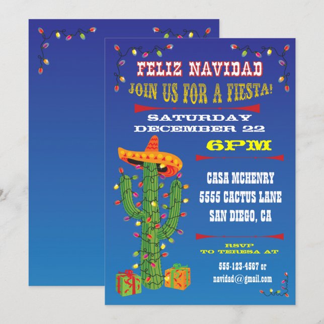 Invitation Feliz Navidad Cactus avec Sombrero (Devant / Derrière)
