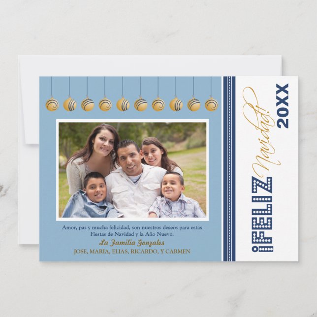 Invitation Feliz Navidad Custom Family Holiday Card (bleu) (Devant)