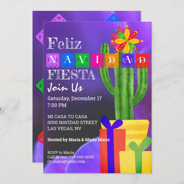 Invitation Feliz Navidad Fiesta Green Cactus Sur Violet (Devant / Derrière)