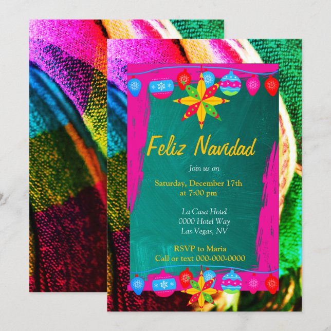 Invitation Feliz Navidad Fiesta sur fond rose et vert Sarape (Devant / Derrière)