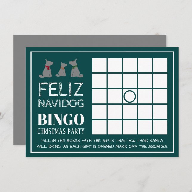 Invitation Feliz Navidog, Bingo de la fête de Noël espagnole (Devant / Derrière)