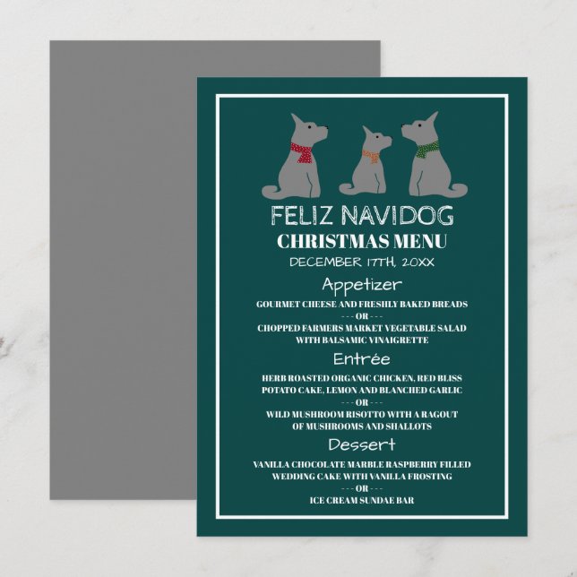Invitation Feliz Navidog, Menu de Noël de style espagnol (Devant / Derrière)