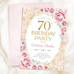 Invitation Féminin 70e anniversaire rose poudré or floral