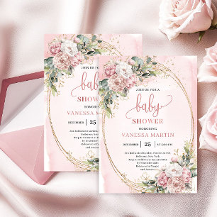 Invitation Féminin Baby Shower Rose Gold Floral Eucalyptus 