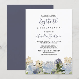Invitation Féminin Bleu Floral Aquarelle 80e Anniversaire