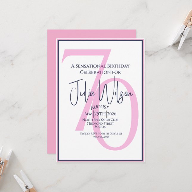 Invitation Féminin Chic Rose 70e Anniversaire (Devant/Arrière en situation)