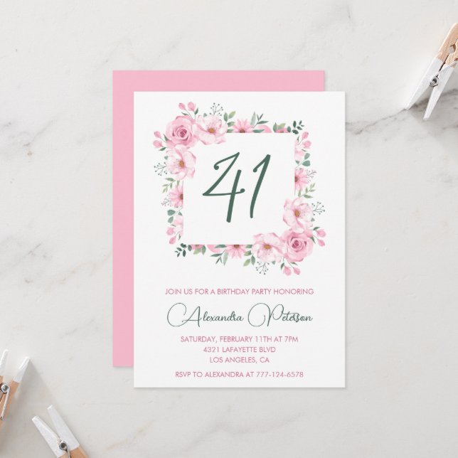 Invitation Féminin Fleurs aquarelle rose 41e anniversaire  (Devant/Arrière en situation)