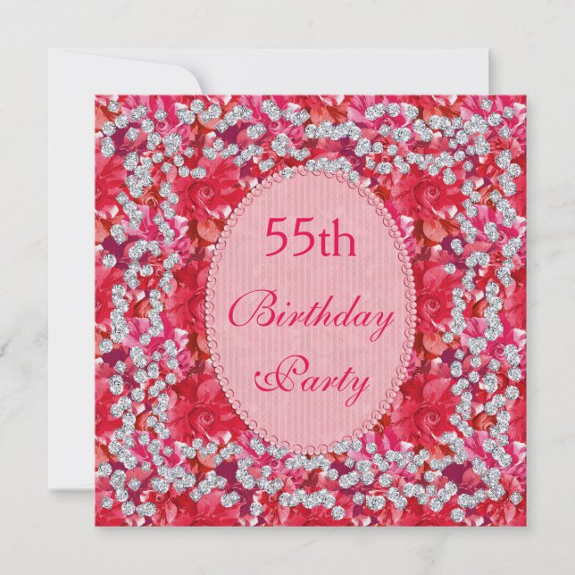 Invitation Féminin Fleurs rouges/roses et diamants 55e annive (Devant)