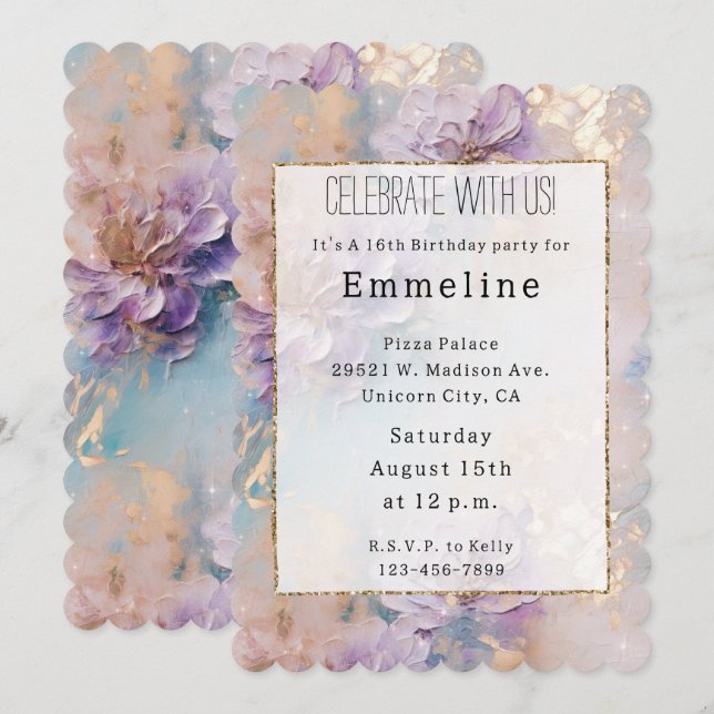 Invitation Féminin floral bleu violet et or (Devant / Derrière)