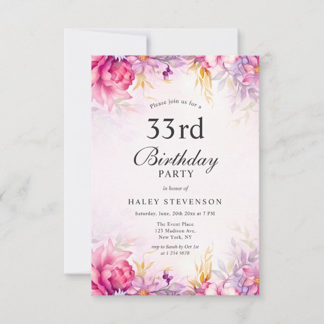 Invitation Féminin Floral Pastel Aquarelle Chic 33e Anniversa (Devant)