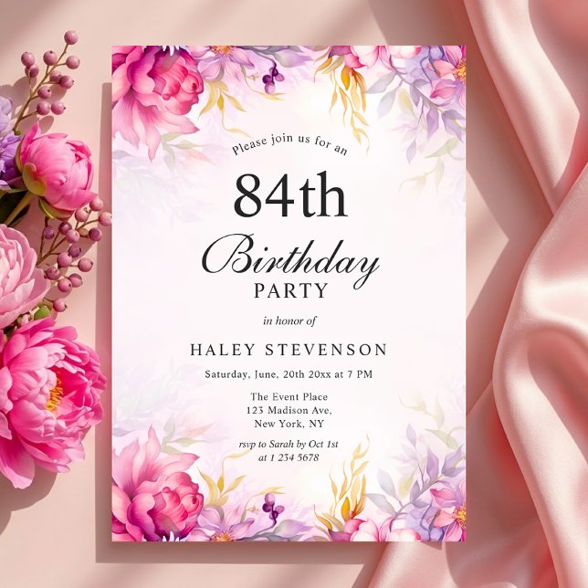 Invitation Féminin Floral Pastel Aquarelle Chic 84e Anniversa (Créateur téléchargé)