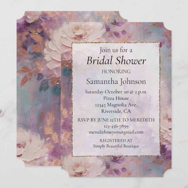 Invitation Féminin Or Blanc Floral Violet (Devant / Derrière)