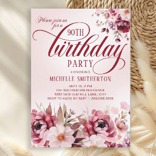 Invitation Féminin Rose Bourgogne Floral 90e Anniversaire