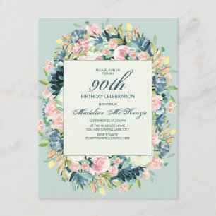 Invitation Féminin Rose Pâle Ivoire Floral Menthe 90e Anniver