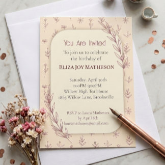 Invitation Féminin Rose Poussiéreux et Fleur Botanique Annive