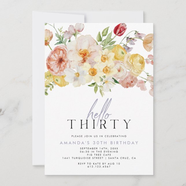 Invitation Feminine Blush Floral Fleur sauvage Trente Anniver (Devant)