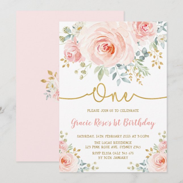 Invitation Feminine Blush Floral Rose Fille 1er anniversaire  (Devant / Derrière)