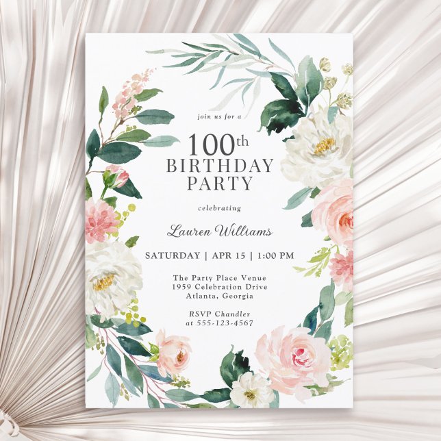 Invitation Feminine Blush Rose Floral 100e fête d'anniversair (Available in both printed and instant download digital formats.)
