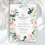 Invitation Feminine Blush Rose Floral 30e fête d'anniversaire<br><div class="desc">Une magnifique invitation à la fête du 30ème anniversaire, encadrée dans une couronne de roses couleur rose et blanc, et de verdure. Les combinaisons de couleurs sont à la fois féminines et joyeuses pour préparer vos invités à une joyeuse fête. Personnalisez avec les détails de votre événement en remplaçant l'exemple...</div>