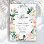 Invitation Feminine Blush Rose Floral 40e fête d'anniversaire<br><div class="desc">Une magnifique invitation à la fête du 40ème anniversaire, encadrée dans une couronne de roses couleur rose et blanc, et de verdure. Les combinaisons de couleurs sont à la fois féminines et joyeuses pour préparer vos invités à une joyeuse fête. Personnalisez avec les détails de votre événement en remplaçant l'exemple...</div>