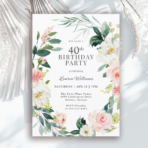 Invitation Feminine Blush Rose Floral 40e fête d'anniversaire