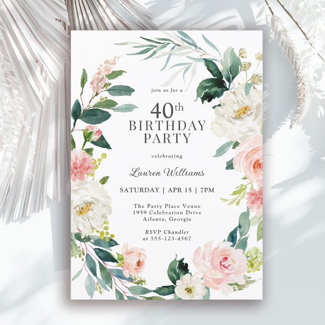 Invitation Feminine Blush Rose Floral 40e fête d'anniversaire (Available as both printed and instant download digital formats.)