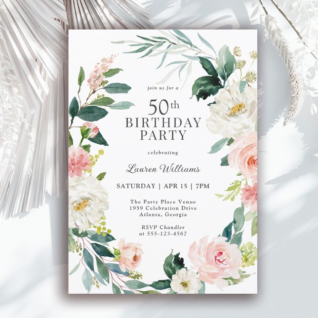 Invitation Feminine Blush Rose Floral 50e fête d'anniversaire (Available in both printed and instant download digital formats.)