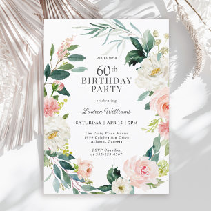 Invitation Feminine Blush Rose Floral 60e fête d'anniversaire