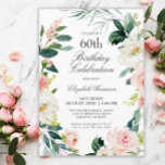 Invitation Feminine Blush Rose Floral 60e fête d'anniversaire<br><div class="desc">Une merveilleusement féminine invitation à la fête du 60e anniversaire encadrée dans une couronne de roses d'aquarelle rose et blanc et de verdure. Les combinaisons de couleurs sont à la fois féminines et joyeuses pour préparer vos invités à une joyeuse fête. Personnalisez avec les détails de votre événement en remplaçant...</div>