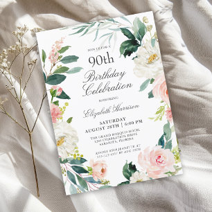 Invitation Feminine Blush Rose Floral 90e fête d'anniversaire