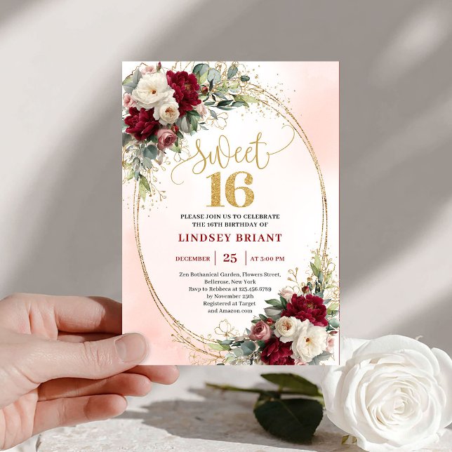 Invitation Feminine Boho Burgundy Gold Floral Sweet Sixteen (Feminine Boho Burgundy Gold Floral Sweet Sixteen)
