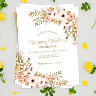 Invitation Feminine Boho Rose Floral 80e fête d'anniversaire