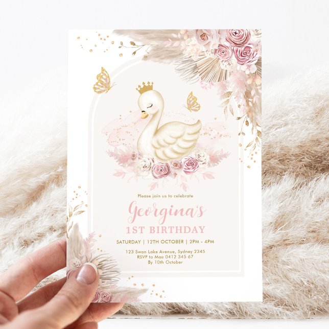 Invitation Feminine Boho Swan Princesse rose Blush Anniversai (Créateur téléchargé)